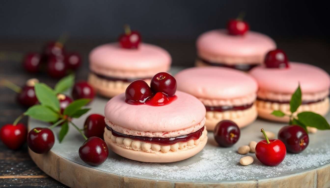 Entremets Fête des Mères : macaron aux Biscuits Roses, compotée de Cerises et Ganache Amande Amère