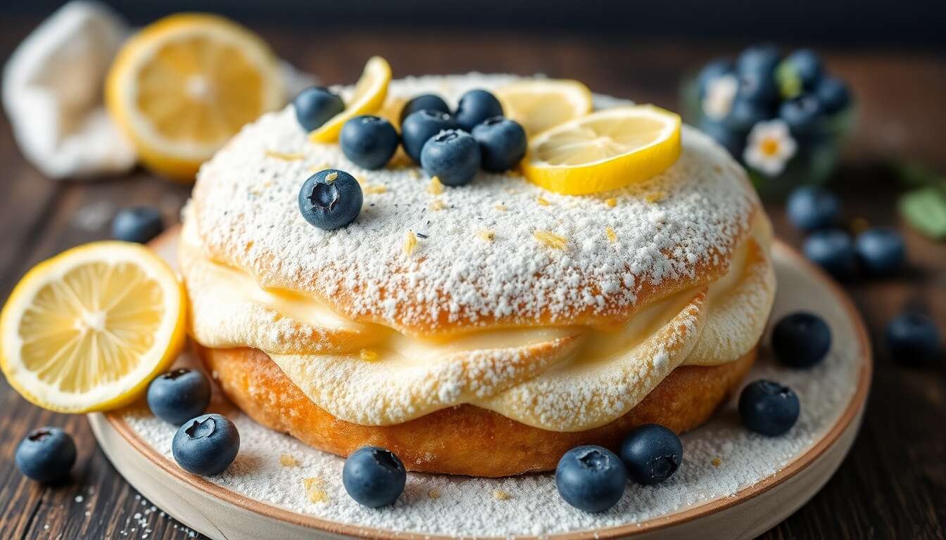 Gâteau crémeux aux myrtilles, citron et pavot bleu