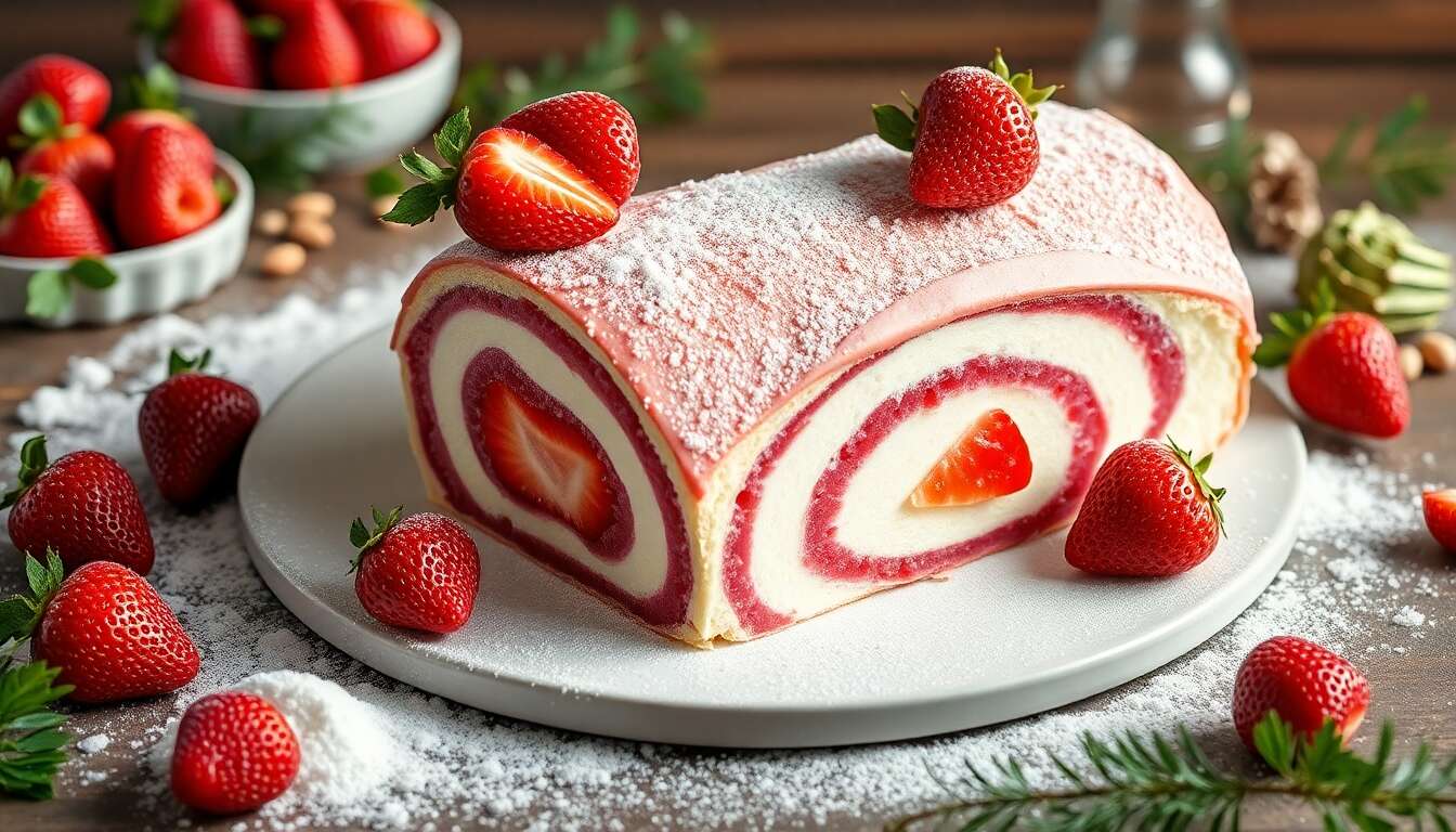 Entremets bûche fraise et amande : recette gourmande
