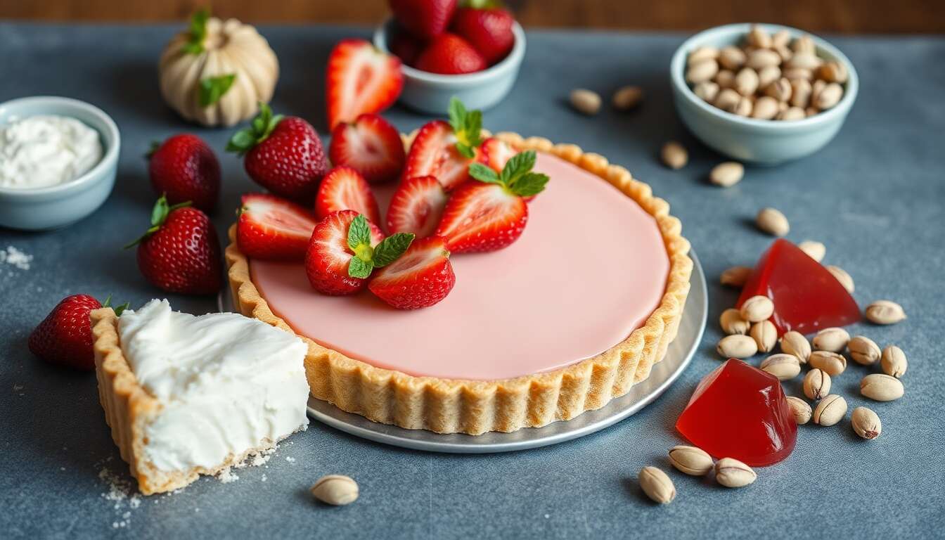 Délicieuse tarte fraise-pistache au fromage blanc