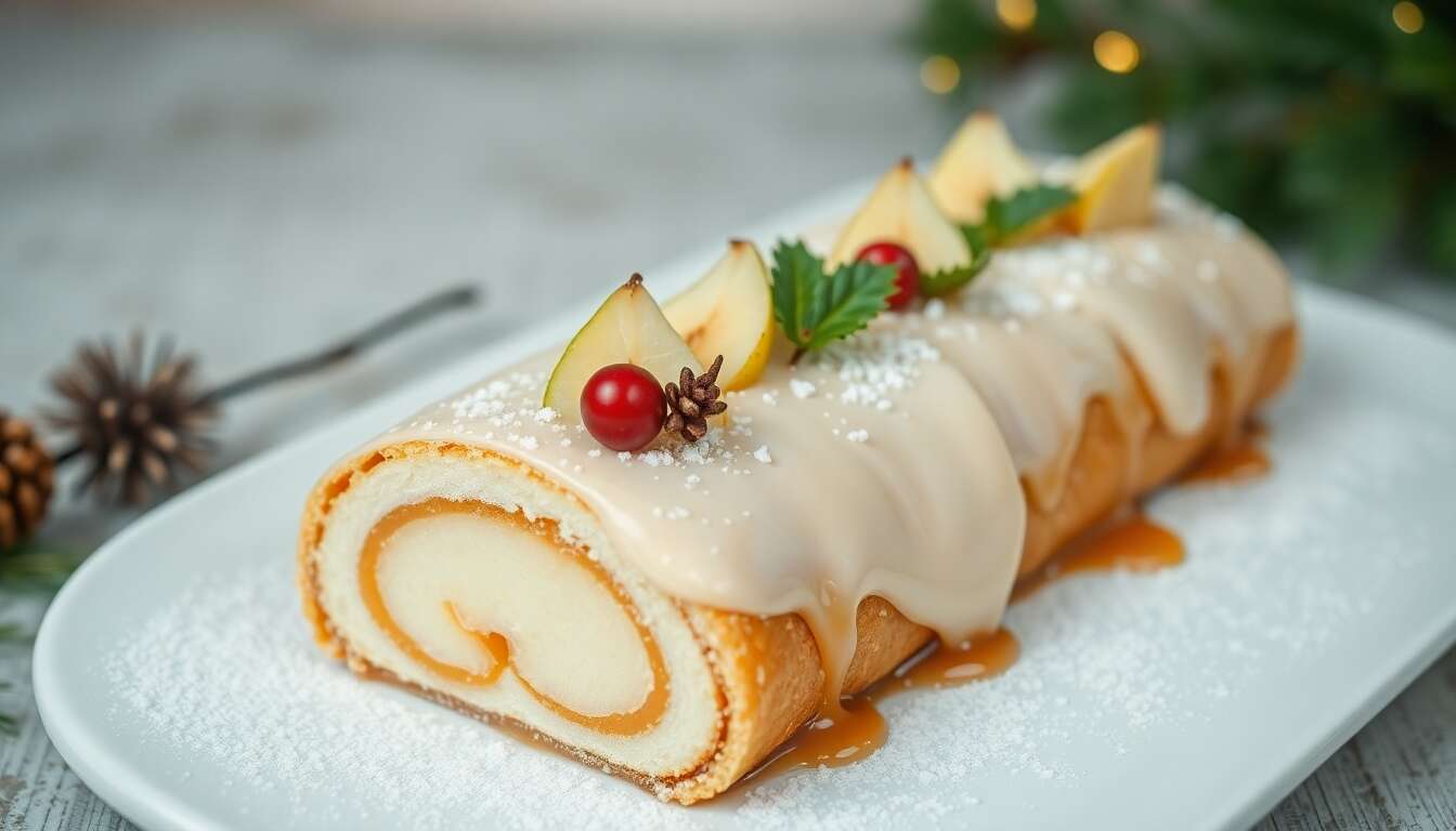 Bûche de Noël poire vanille caramel : recette gourmande