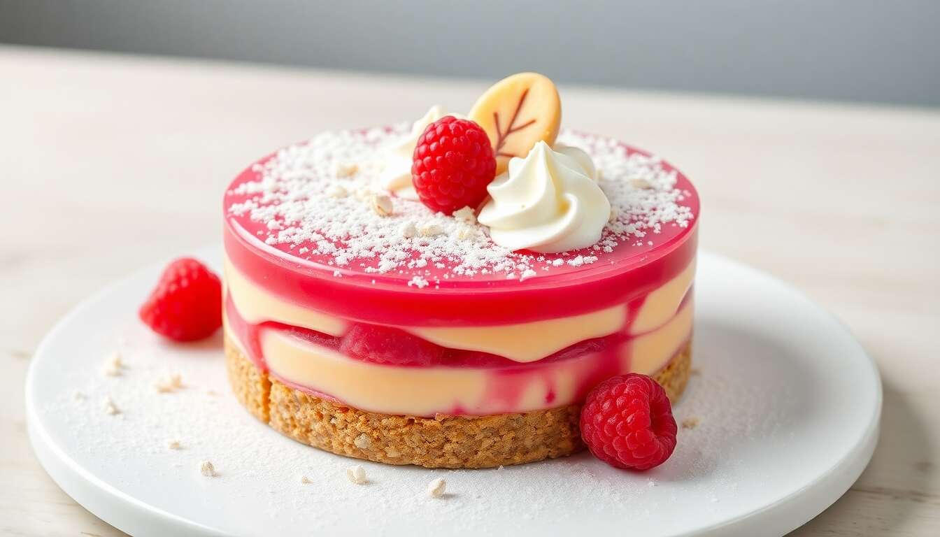 Entremets Queen : framboise, vanille et cacahuète