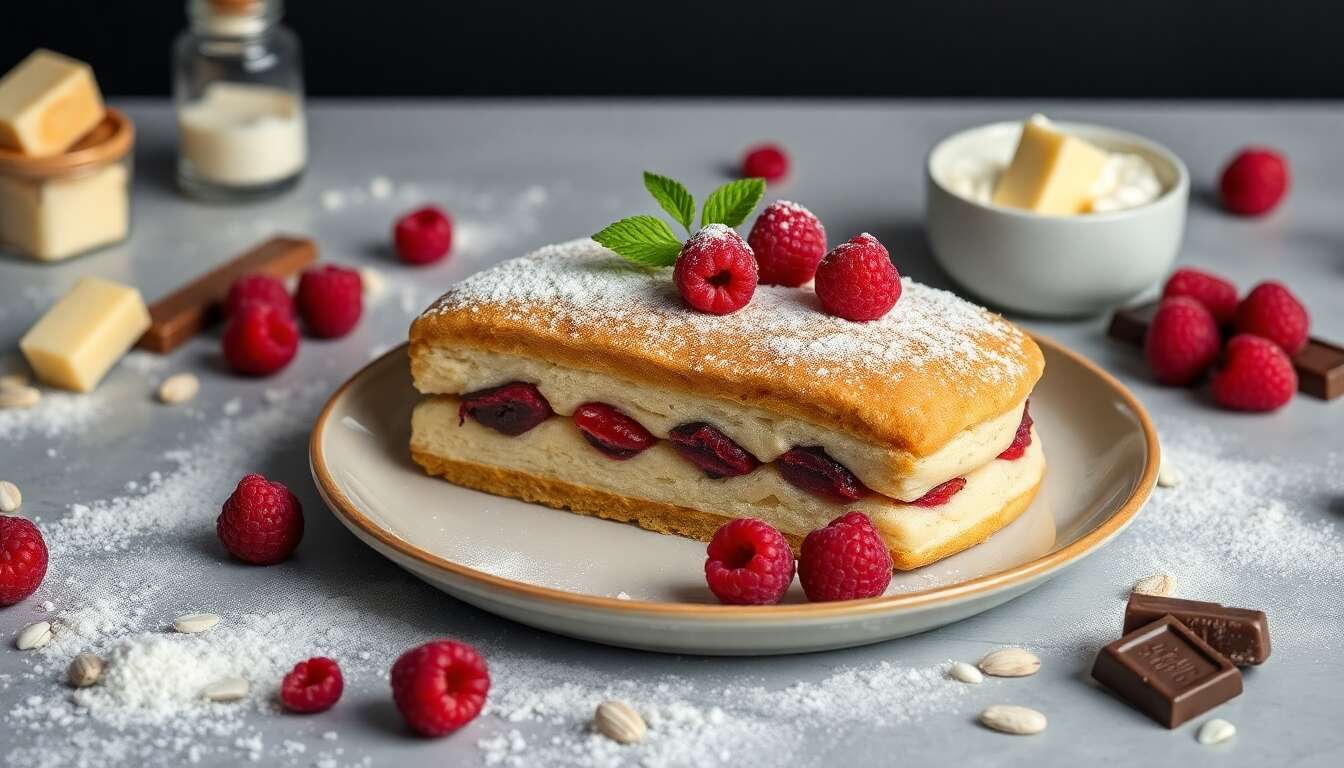 Recette gourmande : sablé aux framboises et chocolat sur assiette