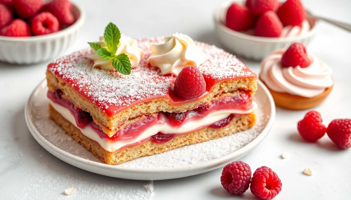 Entremets printanier : framboise, rose et financier noisette