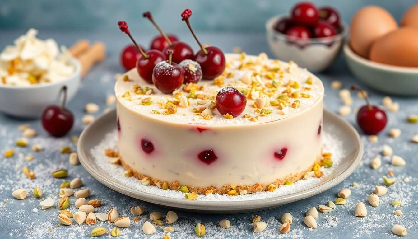Entremets griotte pistache chocolat blanc sans gluten