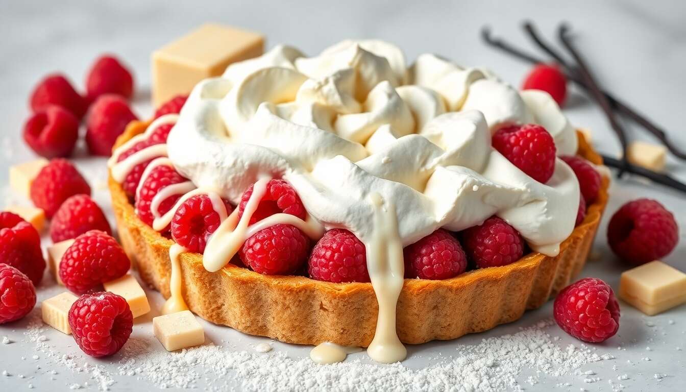 Tarte framboises chocolat blanc meringuée : recette gourmande