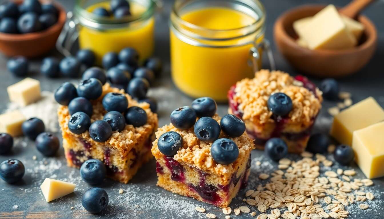 Petits cubes crousti-fondants : myrtilles, lemon curd et crumble