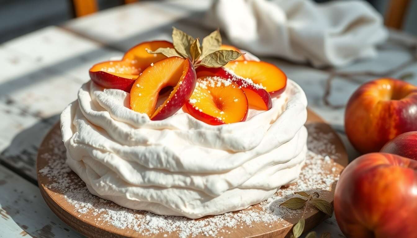 Pavlova aux groseilles, pêches et verveine citronnelle : recette gourmande