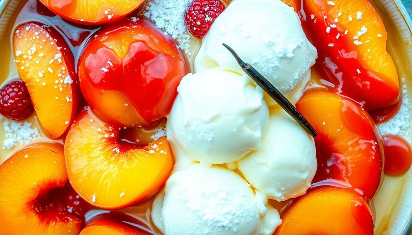 Recette Entremets Pêche Melba : pêche, framboise et vanille