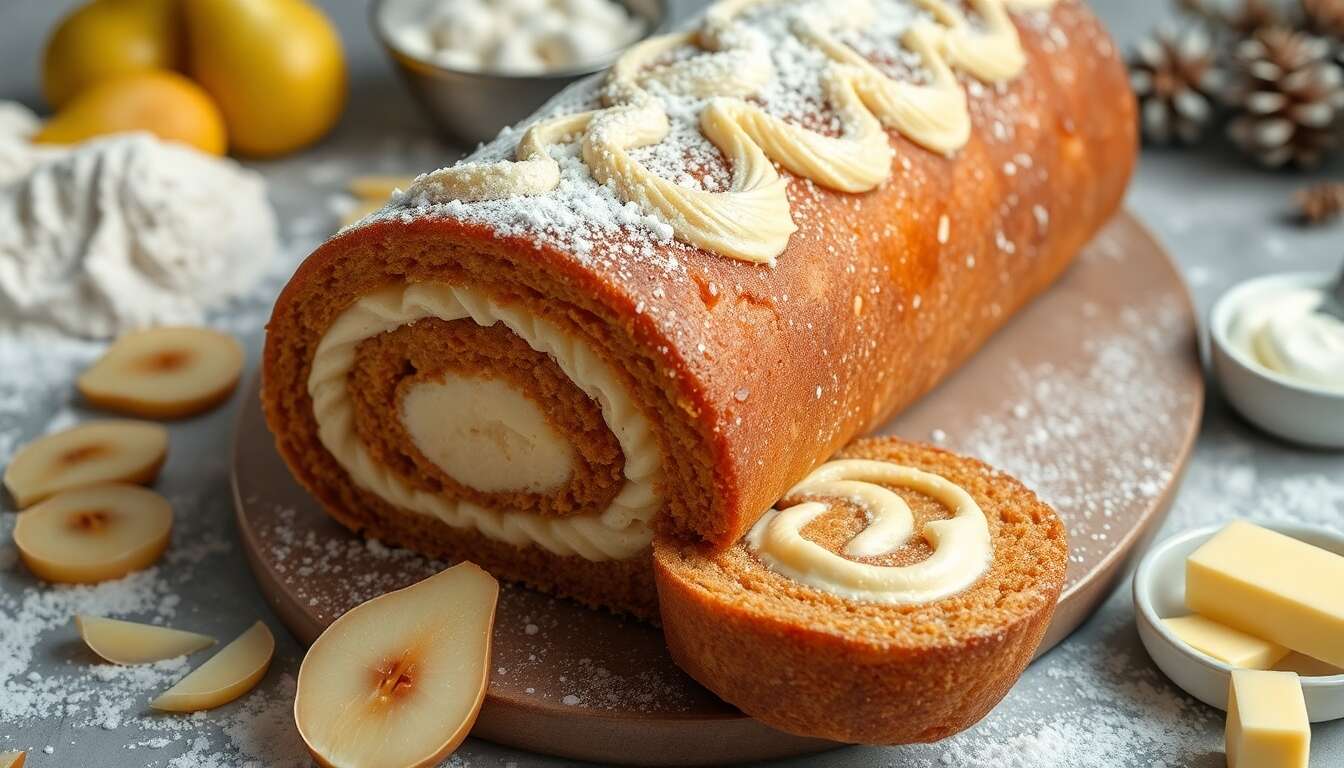 Bûche roulée poire-praliné : recette festive