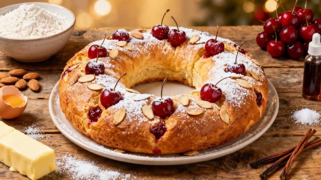 Couronne de Noël : cake aux amandes et cerises