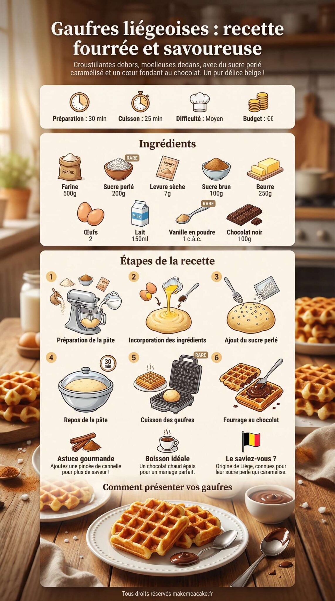 Infographie de la recette Gaufres li&eacute;geoises : recette fourr&eacute;e et savoureuse