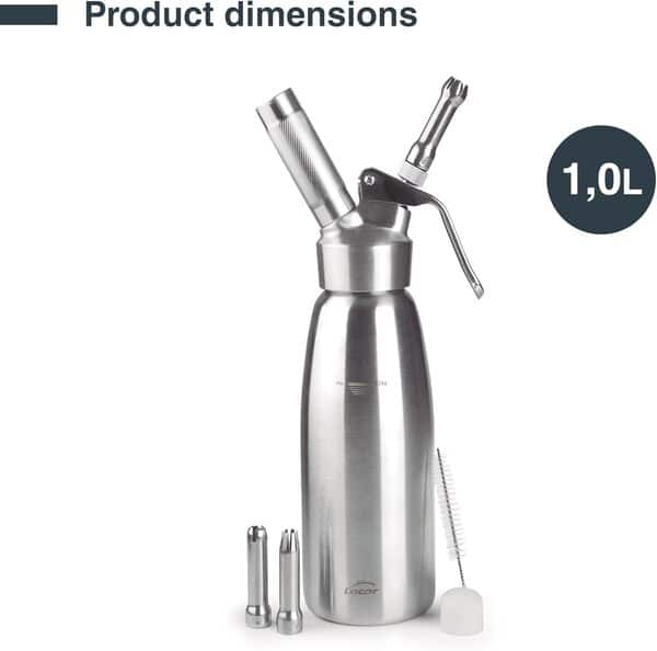 Lacor - 68301 - Siphon, Siphon Epicurien, Robuste et Durable, Acier Inoxydable 18/10, Mousses Chaudes et Froides, 3 Buses Inox, N2O, Brosse, Lavable au Lave-vaisselle, Capacité: 1 L