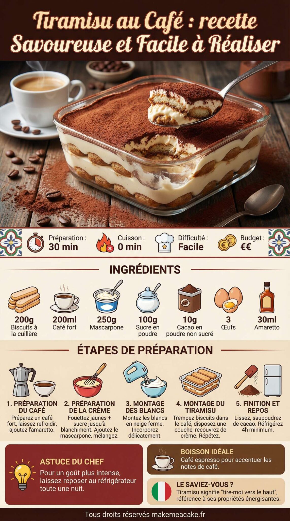 Infographie de la recette Tiramisu au Caf&eacute; : recette Savoureuse et Facile &agrave; R&eacute;aliser