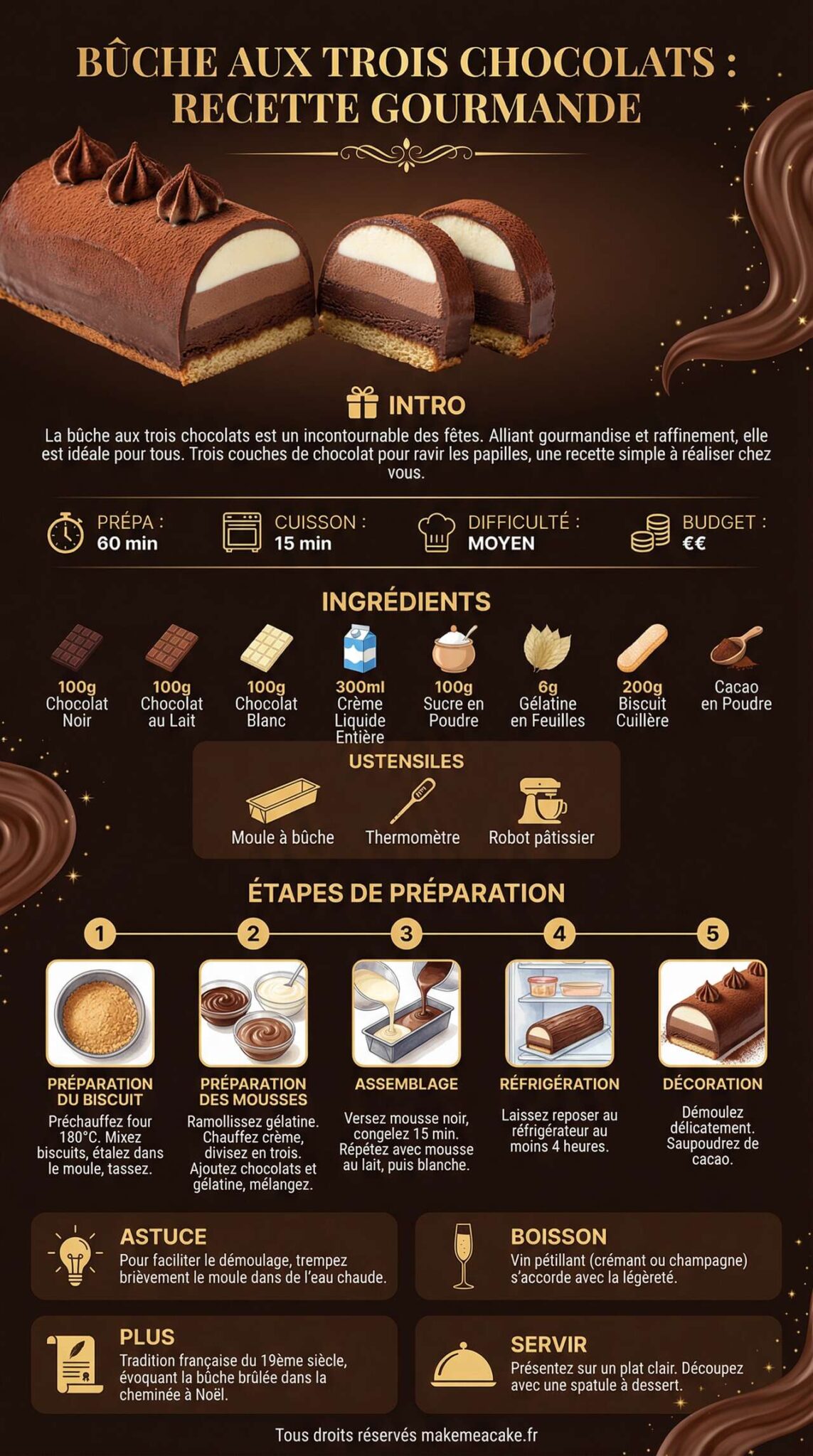 Infographie de la recette Bûche aux Trois Chocolats : recette Gourmande Infographie de la recette Bûche aux Trois Chocolats : recette Gourmande