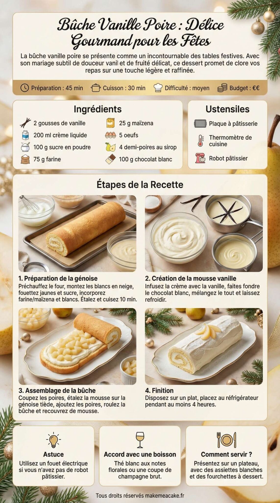 Infographie de la recette Recette de B&ucirc;che Vanille Poire : d&eacute;lice Gourmand pour les F&ecirc;tes