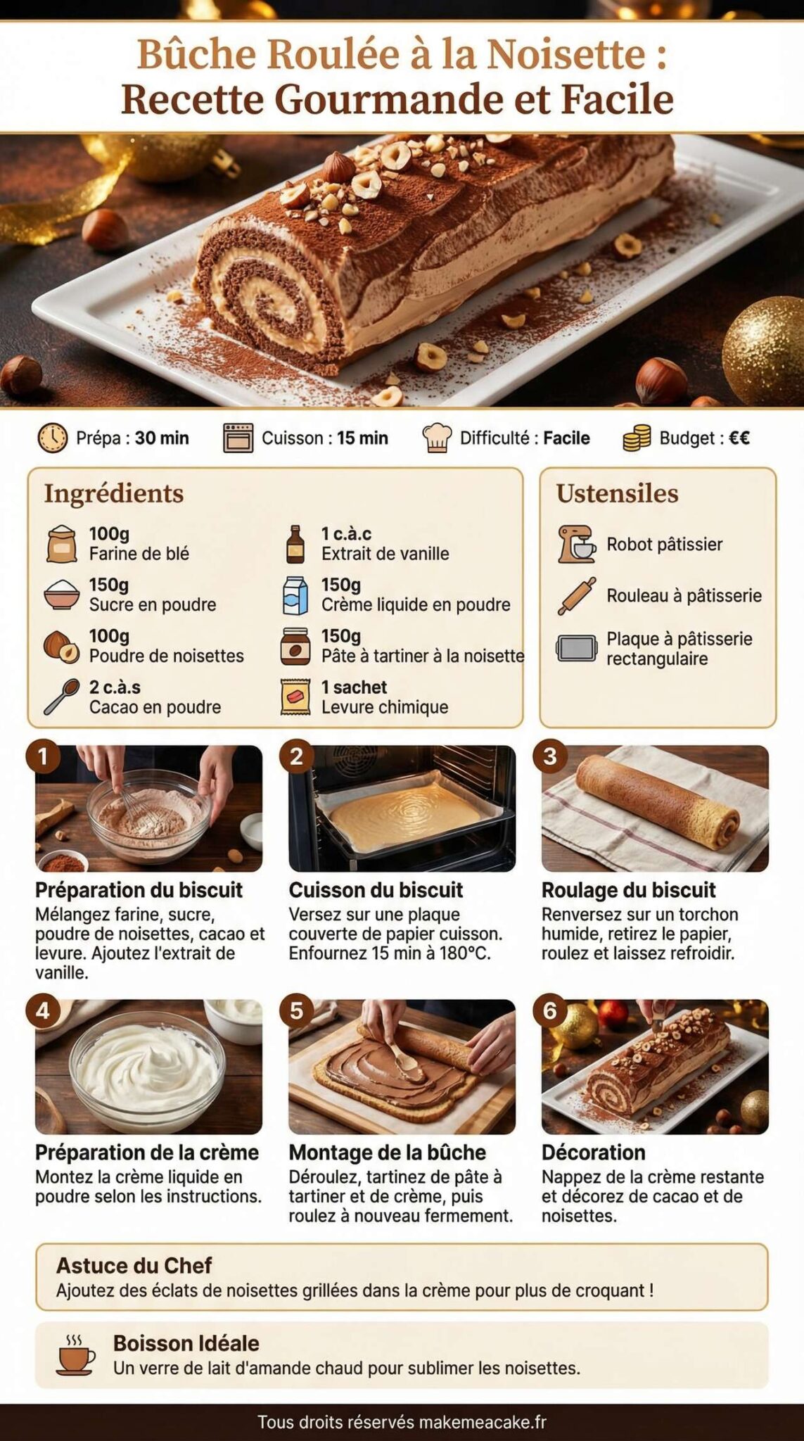 Infographie de la recette Bûche roulée à la noisette : recette gourmande et facile Infographie de la recette Bûche roulée à la noisette : recette gourmande et facile