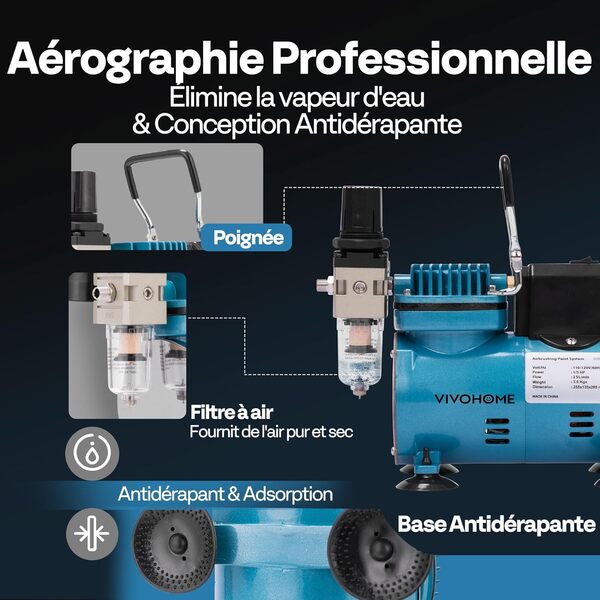 VIVOHOME Kit Aérographe avec Compresseur d'air professionnel 1/5 CV et 3 Pistolets Double Action Alimentation par Gravité et Siphon Silencieux avec Support Brosse