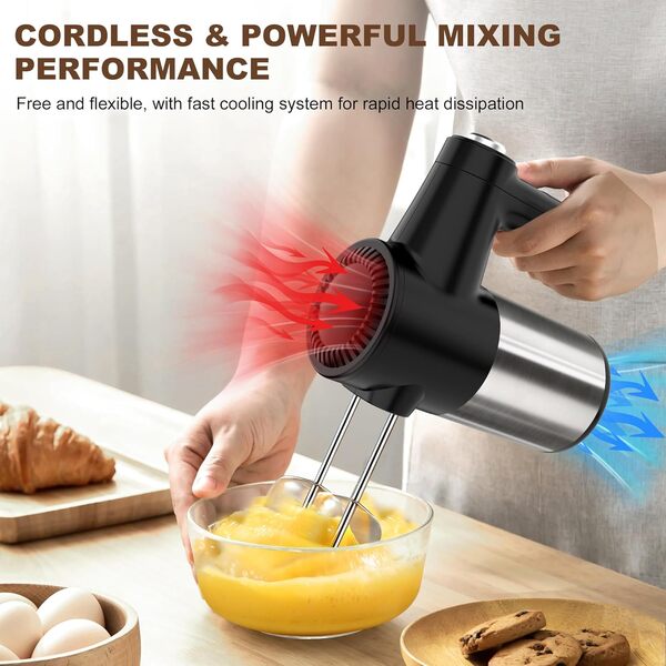 Batteur à Main Sans Fil, Batteur Électrique Polyvalent avec 7 Vitesses, Affichage Digital, 6 Accessoires en Acier Inoxydable 2 Batteurs, 2 Fouets, 2 Crochets à Pâte et Base de Stockage