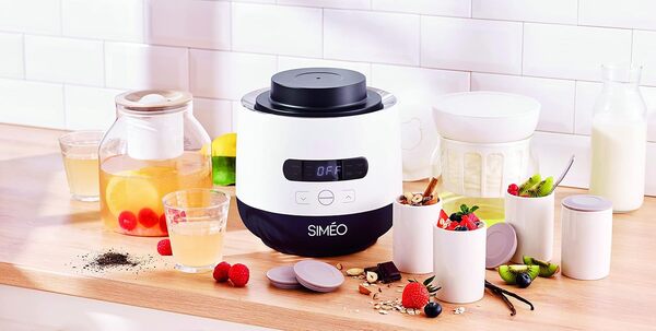 SIMÉO - Yaourtière Fromagère YVA760 20W pour Yaourt Maison Classique, aux Boissons Végétales, Skyr, Fromage Blanc, Frais, Faisselle - 6 Pots - ∅19x22,5 cm - Blanc