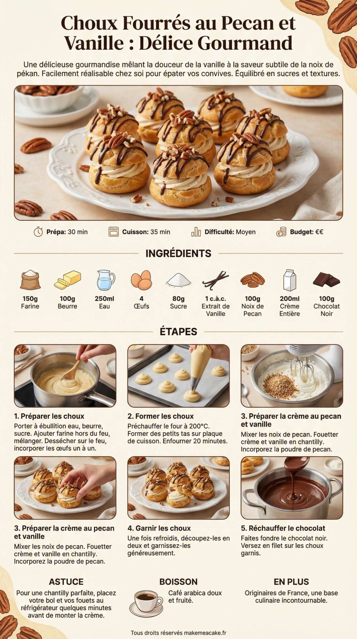 Fiche recette Recette de choux fourr&eacute;s au pecan et vanille : d&eacute;lice gourmand