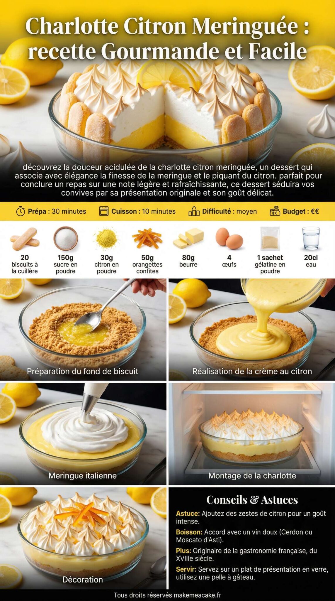 Fiche recette Charlotte Citron Meringuée : recette Gourmande et Facile Fiche recette Charlotte Citron Meringuée : recette Gourmande et Facile