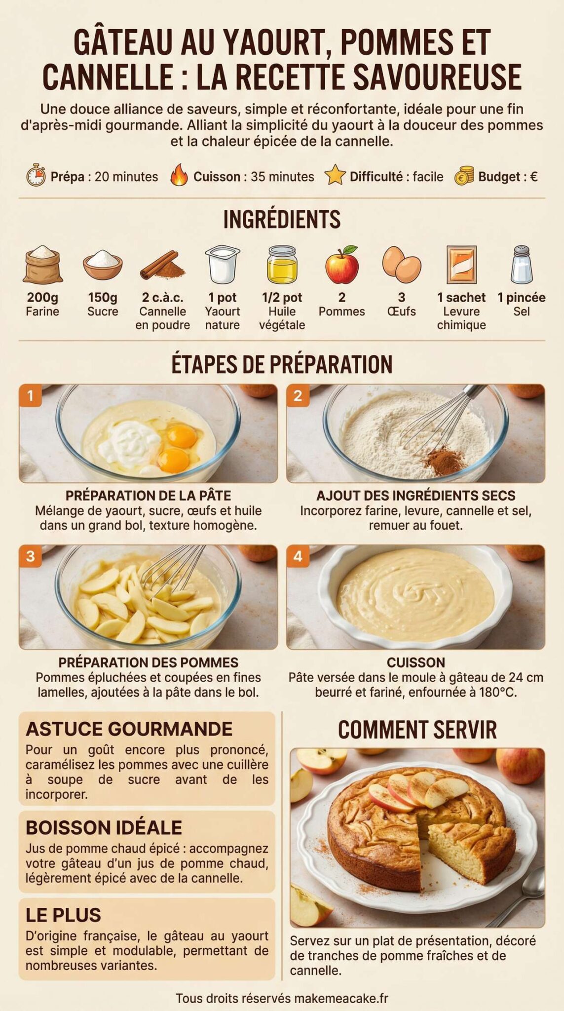 Fiche recette Gâteau au yaourt, pommes et cannelle : la recette savoureuse Fiche recette Gâteau au yaourt, pommes et cannelle : la recette savoureuse