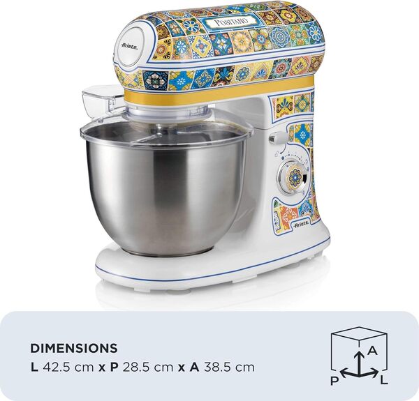 Ariete 1588 Robot Patissier Positano, 7 Vitesses, 3 Fouets pour les Pétrissages Doux et Durs, Couvercle Anti-Éclaboussures, Bol en Acier Inoxydable de 5,5 Litres, Design Méditerranéen, 2400 Watts