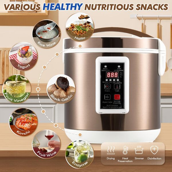 Moongiantgo 7.5L Fermenteur D’Ail Noir, Pot de Contrôle Automatique Pour L’Ail, Natto, Yaourt, Kimchi, Machine de Fermentation de Vin, Cuiseur À L’Ail Avec Contrôle du Temps et de la Température, 220v