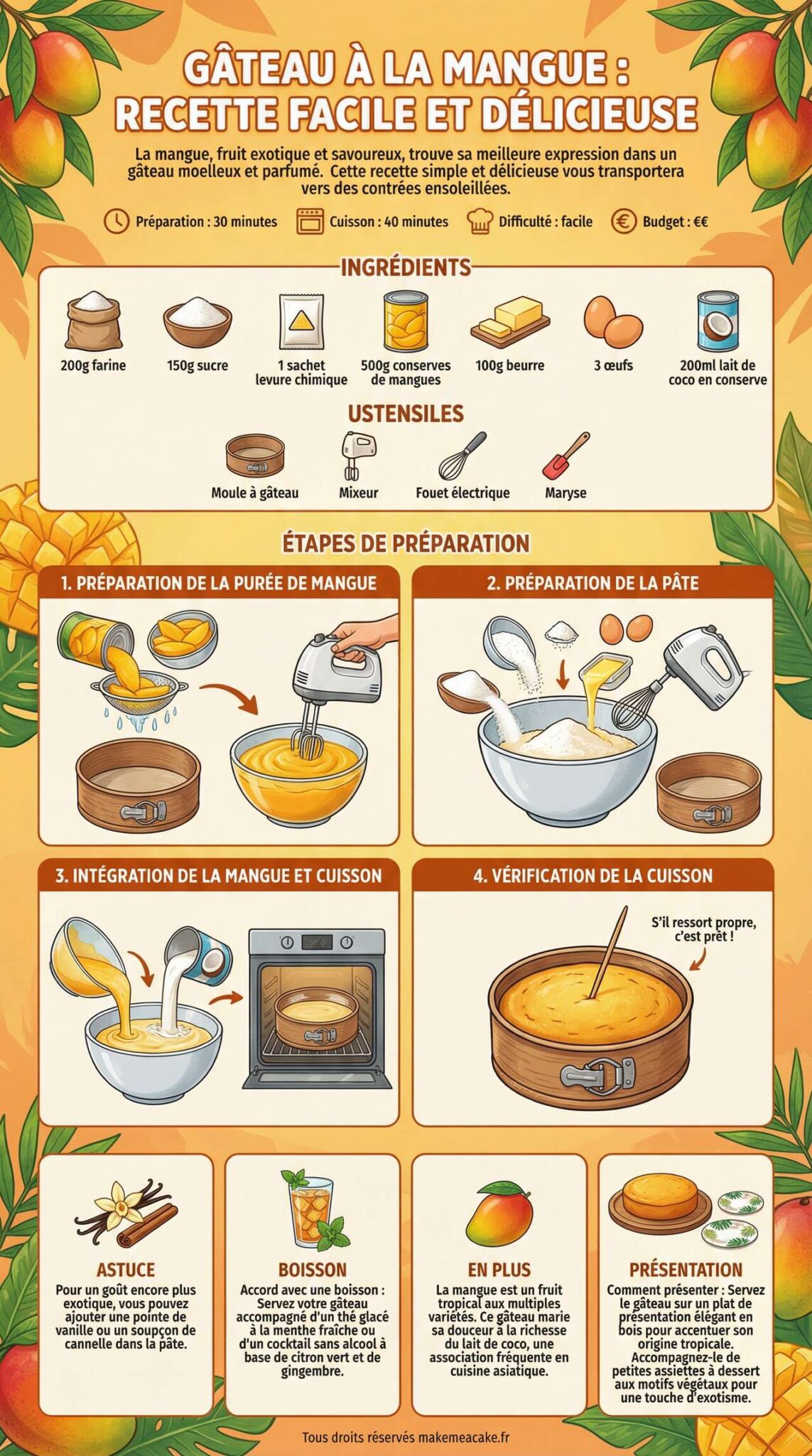 Fiche recette Gâteau à la mangue : recette facile et délicieuse Fiche recette Gâteau à la mangue : recette facile et délicieuse