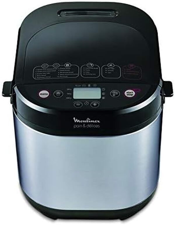 Moulinex Pain et Delices Machine à pain 1Kg 720W 20 programmes automatiques Programme sans gluten Programme yaourt Pain maison Pizza Pâte Confiture Porridge Yaourt Fromage frais Noir Inox OW240E30