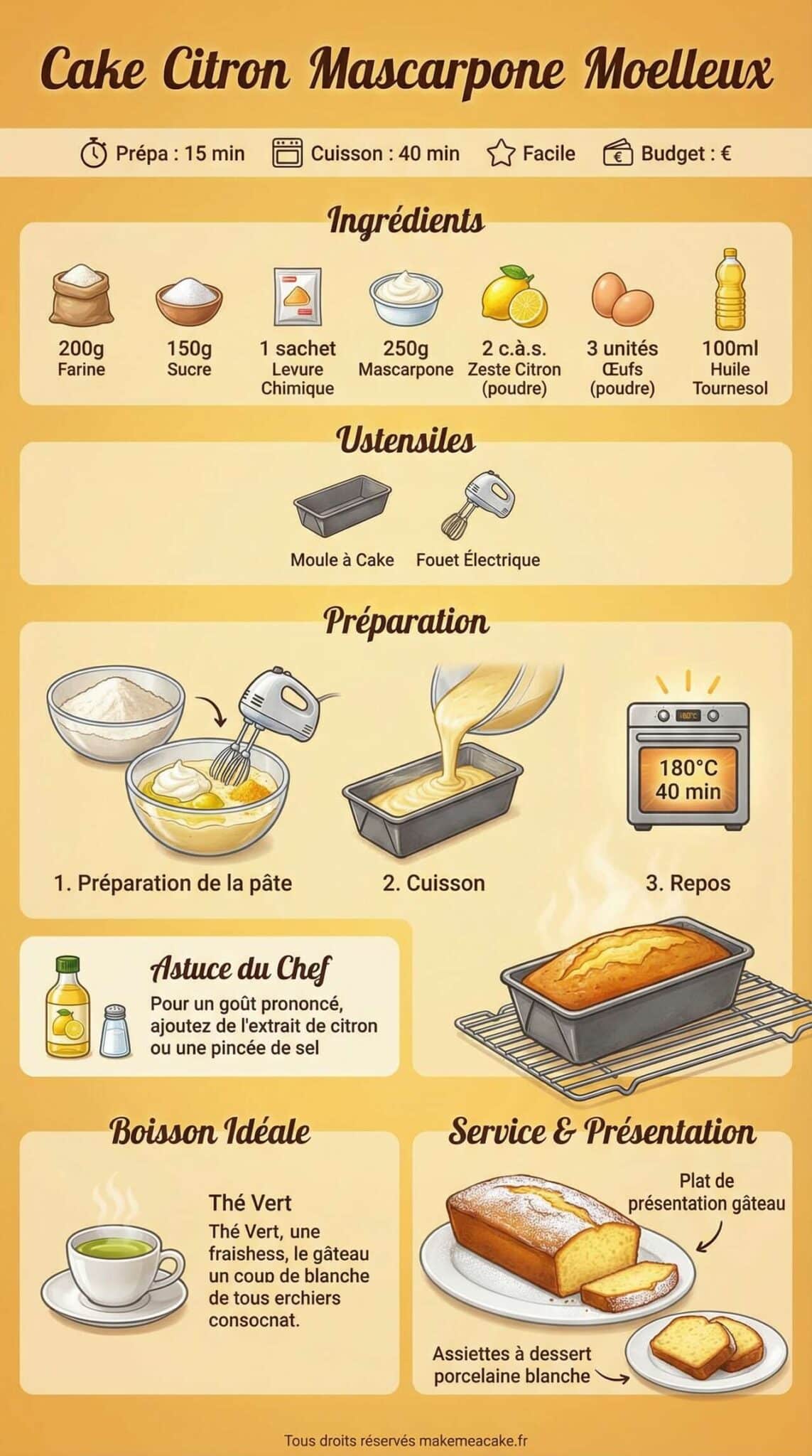 Fiche recette Recette : cake Citron Mascarpone moelleux Fiche recette Recette : cake Citron Mascarpone moelleux