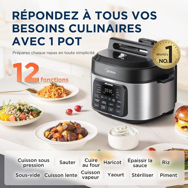 Midea Autocuiseur 9-en-1, Multicuiseur 6L avec 12 Fonctions, Cuiseur de Riz, Vapeur, Yaourtière, Mijoteuse, Sous-Vide, Sauté, 70% plus rapide, Acier Inoxydable