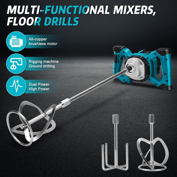 Malaxeur Mortier Compatible avec Batterie Makita, 3200 W batteur de mortier de couleur, max 680 tr/min, mélangeur électrique à palette avec 6 vitesses, 2 tiges mélangeurs (sans Batterie)