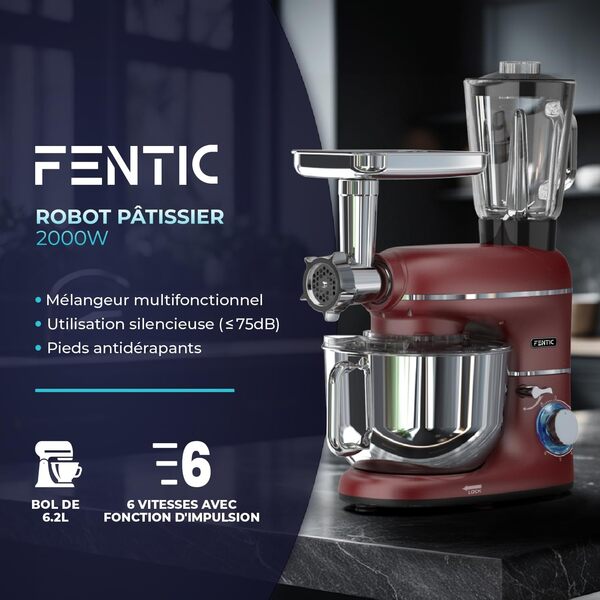 6 en 1 Robot Pâtissier – 2000W - Av. Hachoir à Viande, Mixeur 1,5L, Cutter, Accessoires – Robot Cuisine Multifonctions Av. 6,2L Bol Mélangeur, Fouet, Crochet Pétrisseur, Batteur (Rouge)