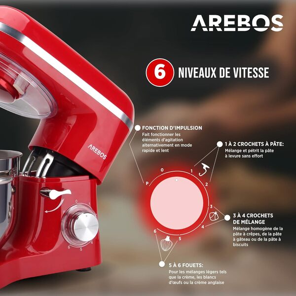Arebos Robot Pâtissier Professionnel 1500W | Rouge | Robot de Cuisine Multifonction avec Fouet, Batteur, Crochet | Bol d'Acier Inoxydable 6 Litres | 6 Vitesses | Fonction Pulse