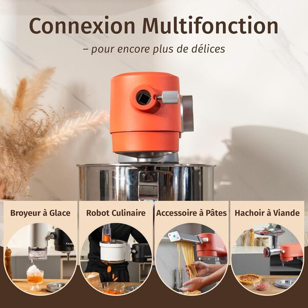 Robot Pâtissier, 5 L Robot de Cuisine Tout en Métal avec Port d’Alimentation Universel et Fonction Minuterie, Pétrin Professionnel à 8 Vitesses avec Batteur, Crochet, Fouet (Orange)