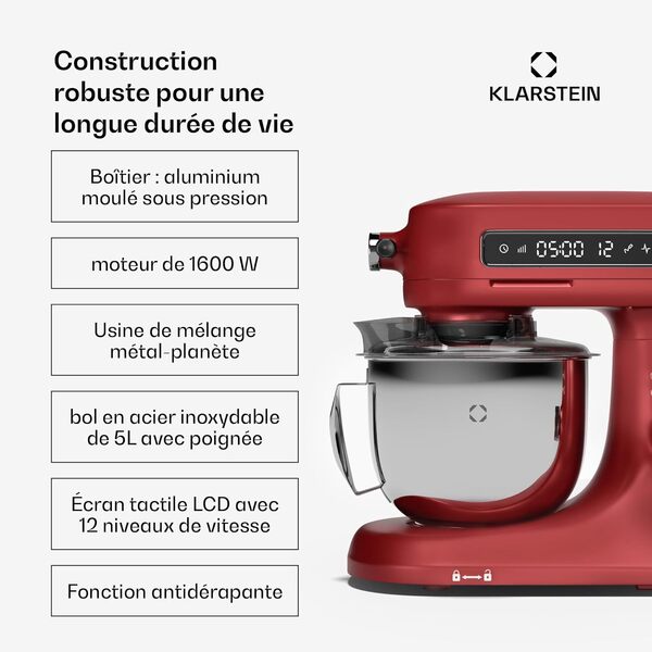 Klarstein Chiara Robot de cuisine multifonctions – 1600 W, bol inox 5 L, 12 vitesses, écran tactile LCD, silencieux ≤ 72 dB, accessoires lavables, set de pâtisserie, boîtier en aluminium moulé, rouge