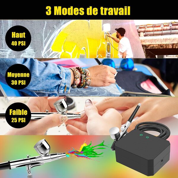 40 PSI Aerograph, Multi-Function Dual-Action Airbrush Set Compressor avec 0.2/0.3/0.5 mm Buses pour Nail Art, L'artisanat, la Décoration de Gâteaux, la Conception D'ongles,Noir