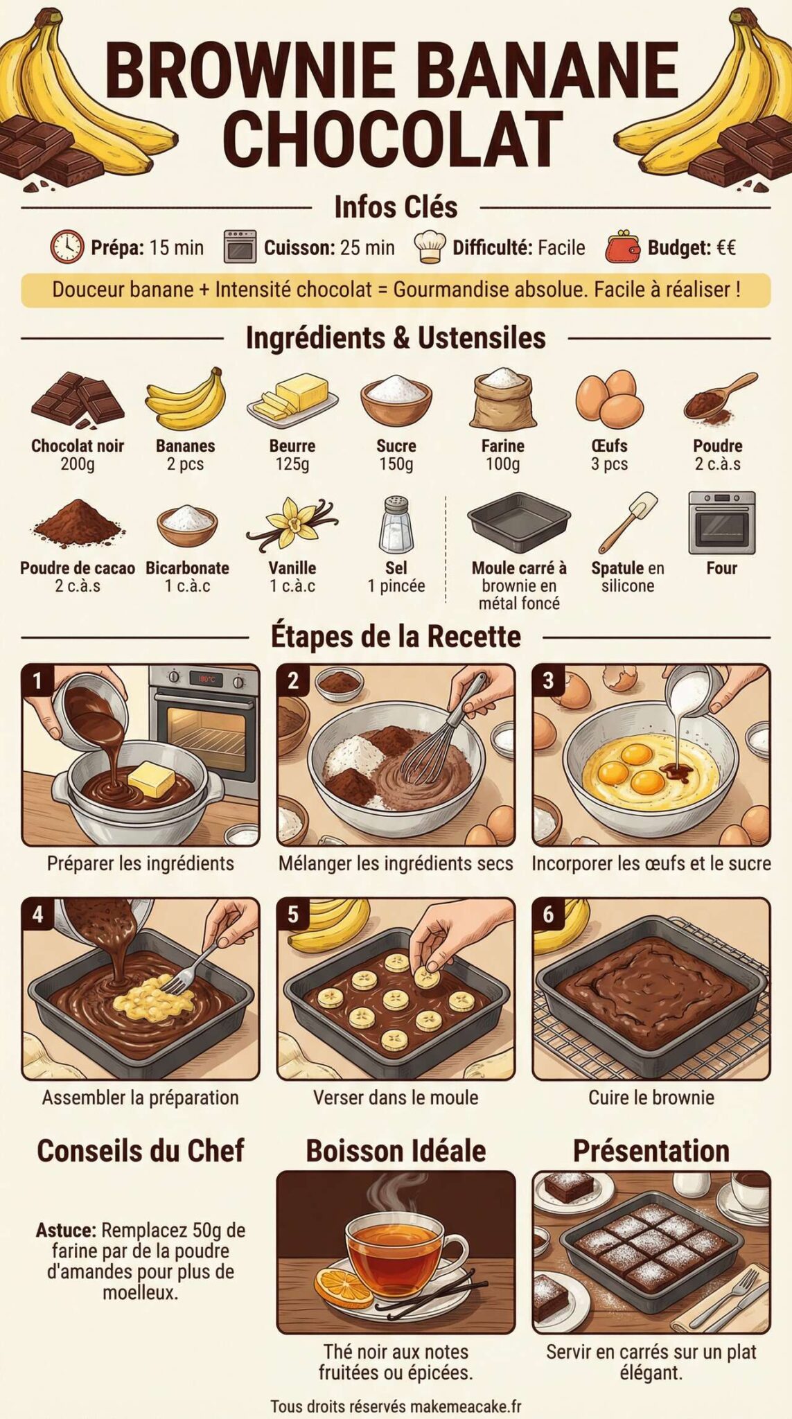 Fiche recette Brownie banane chocolat : une gourmandise à découvrir Fiche recette Brownie banane chocolat : une gourmandise à découvrir