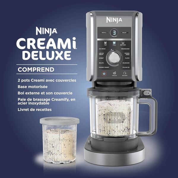 Ninja CREAMi Deluxe Machine a glace et sorbetière, 2 bacs, 10 fonctions, crème glacée, sorbets, yaourts glacés, des milkshakes, des slush, Pièces amovibles lavables au lave-vaisselle, Argent NC502EU