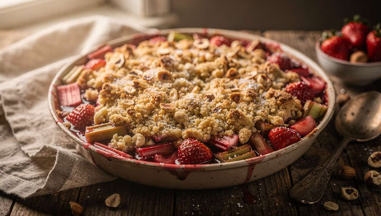 Crumble rhubarbe, fraises et noisettes : recette gourmande