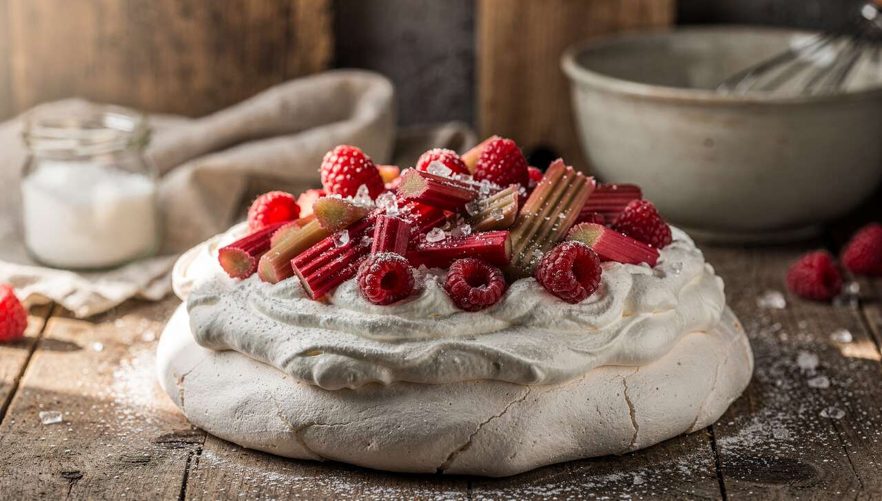 Recette de Pavlova framboise et rhubarbe