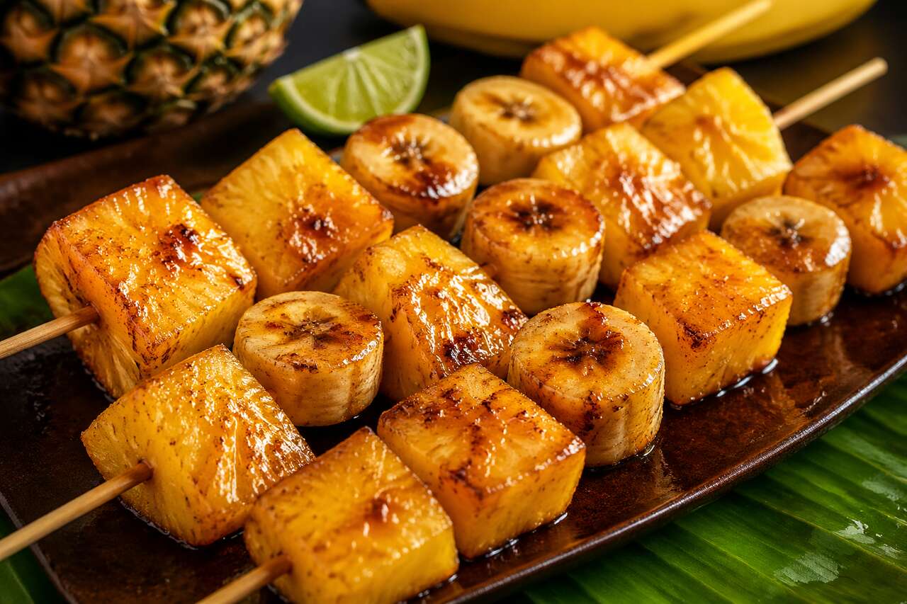 Brochettes d'ananas et banane rôties aux épices
