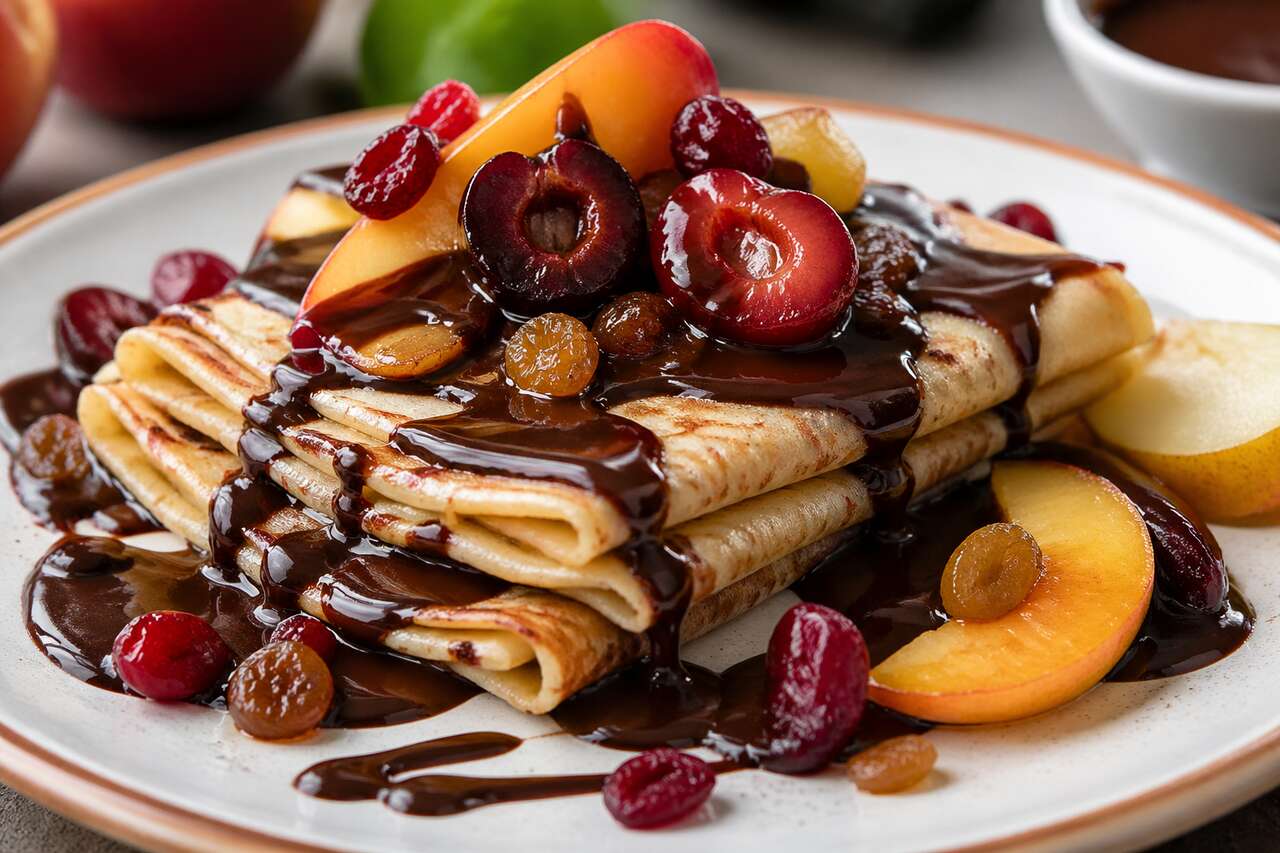 Crêpes aux fruits et sauce chocolat