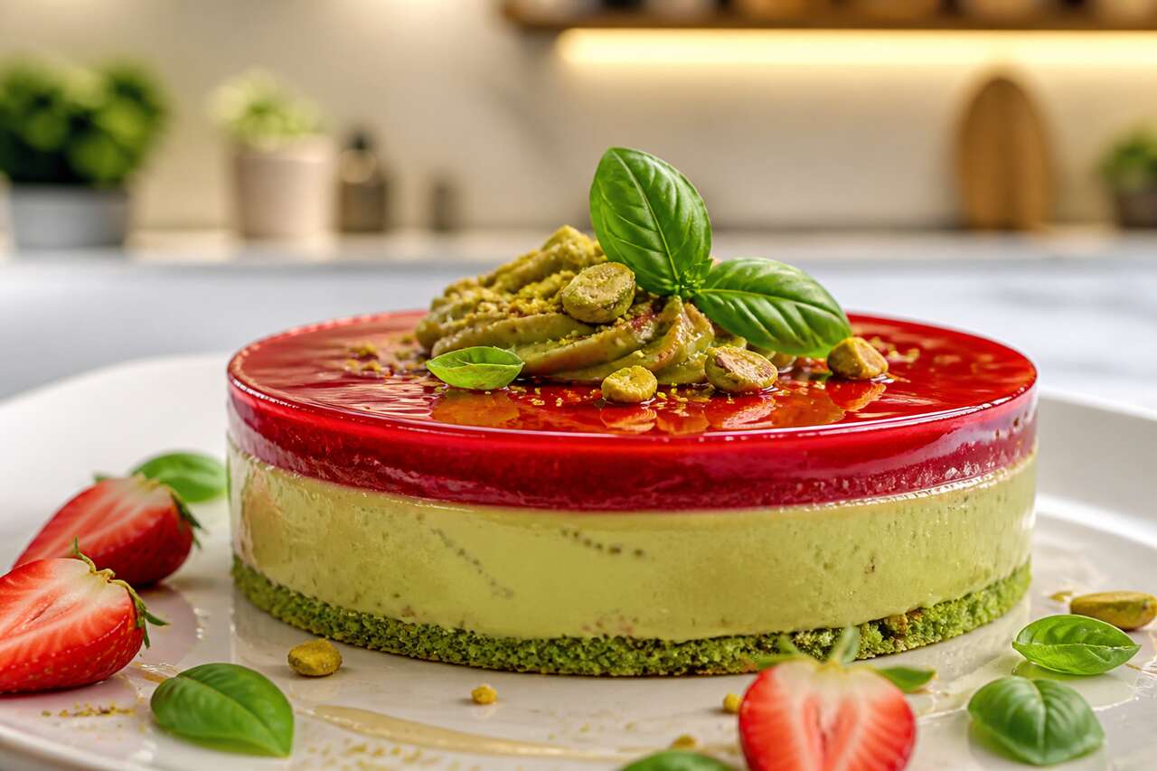 Entremets fraise, pistache et basilic : délice gourmand