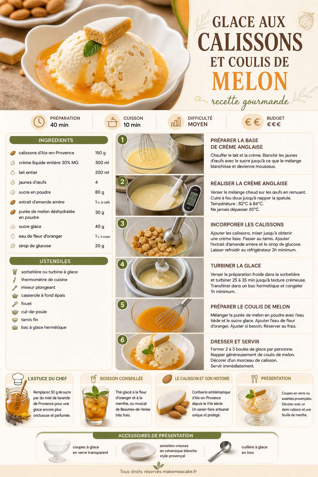 Fiche recette Glace aux calissons et coulis de melon : recette gourmande Fiche recette Glace aux calissons et coulis de melon : recette gourmande