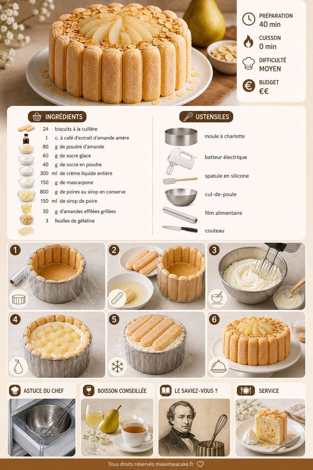 Fiche recette Recette de charlotte amande-poire : un dessert gourmand Fiche recette Recette de charlotte amande-poire : un dessert gourmand