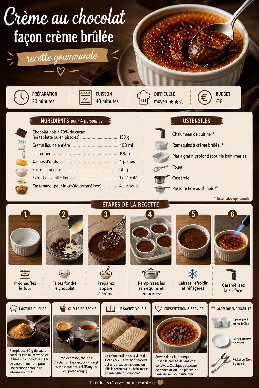 Fiche recette Crème au chocolat façon crème brûlée : recette gourmande Fiche recette Crème au chocolat façon crème brûlée : recette gourmande