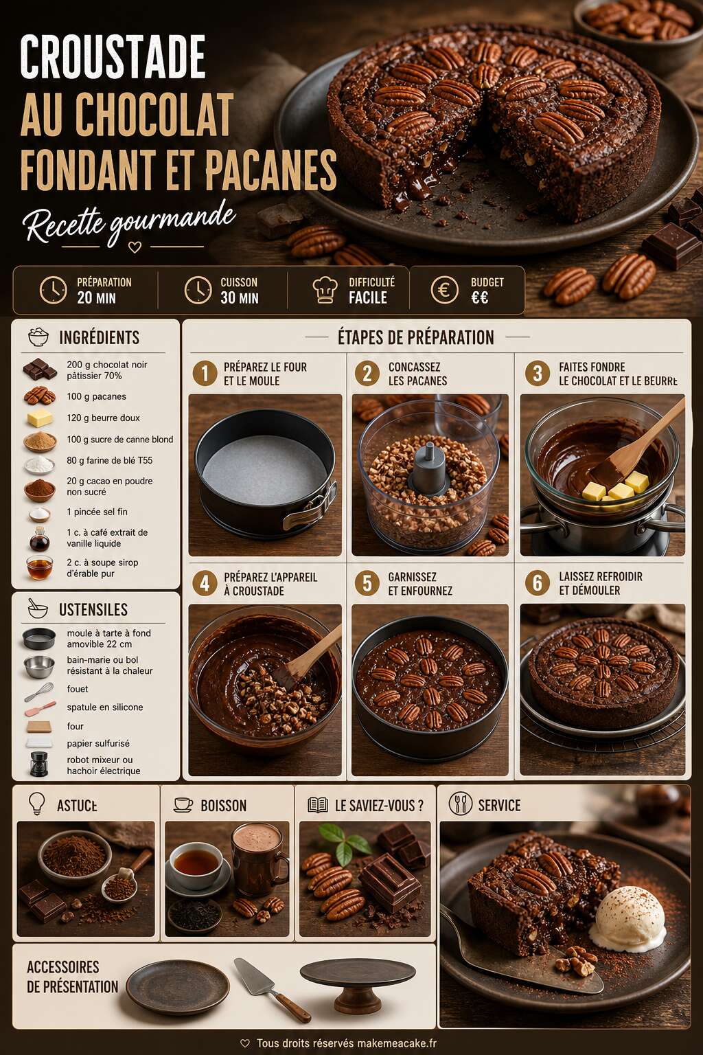 Fiche recette Croustade au chocolat fondant et pacanes : recette gourmande